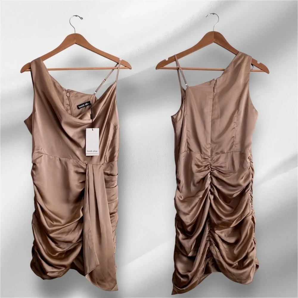 Bronze Satin Mini Cocktail Party Dress Wedding Draped Sash Cowl Ruch Sexy NYE 12